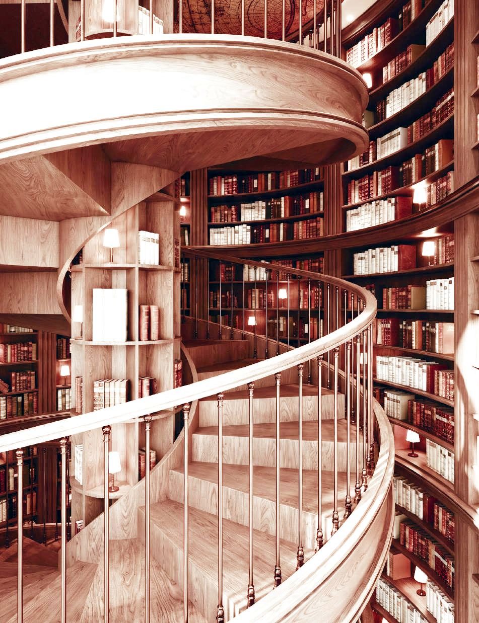 Two-storey library with spiral stair