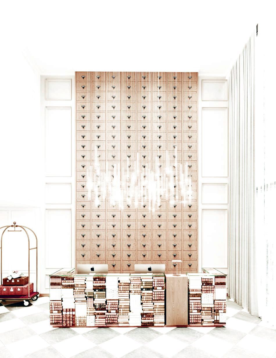Lobby front desk built from books